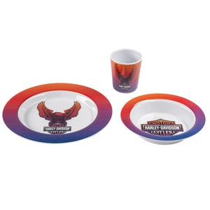Harley-Davidson Kids' Vivid Up-Winged Eagle Cup, Plate, & Bowl Durable Melamine Set, Colorful Ombre HDX-98679