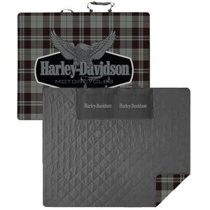 Harley-Davidson soft folding blanket with plaid taffeta front and grey oxford fabric backing, featuring Harley-Davidson logos and a Harley-Davidson eagle graphic.