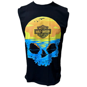 Men's sleeveless black muscle tee with a front graphic of the Willie G skull and a background of a sunset over water, and the text 'Harley-Davidson' on the chest.
