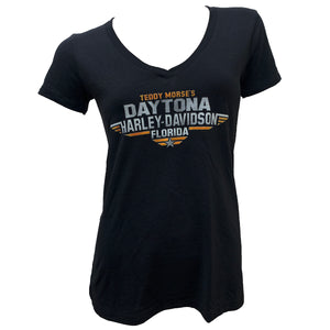 Teddy Morse's Daytona Harley-Davidson Women's Exclusive Aviator V-Neck Short Sleeve Shirt, Black