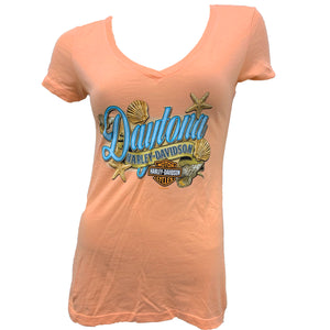 Teddy Morse's Daytona Harley-Davidson Women's Exclusive Shells V-Neck Short Sleeve Shirt, Peach