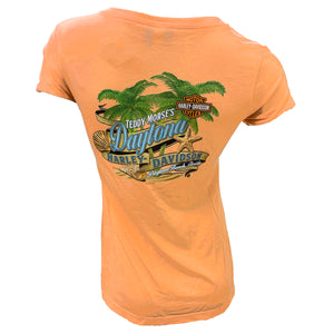 Teddy Morse's Daytona Harley-Davidson Women's Exclusive Shells V-Neck Short Sleeve Shirt, Peach