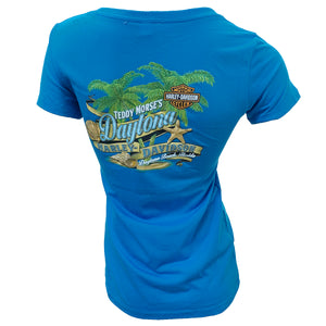 Teddy Morse's Daytona Harley-Davidson Women's Exclusive Shells V-Neck Short Sleeve Shirt, Sapphire Blue
