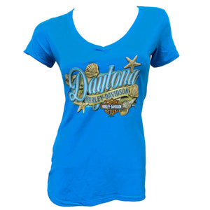 Teddy Morse's Daytona Harley-Davidson Women's Exclusive Shells V-Neck Short Sleeve Shirt, Sapphire Blue
