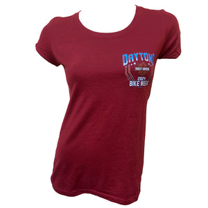 Teddy Morse's Daytona Harley-Davidson Women's Bike Week 2024 Patriotic Short Sleeve Shirt, Dark Red