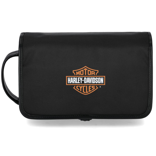 Black Harley-Davidson bag with orange logo on a white background