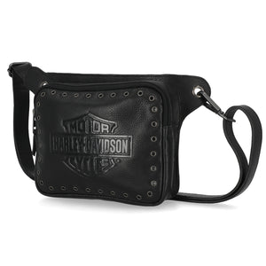 Black leather crossbody bag with Harley Davidson logo on a white background
