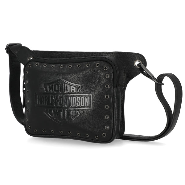 Black leather crossbody bag with Harley Davidson logo on a white background