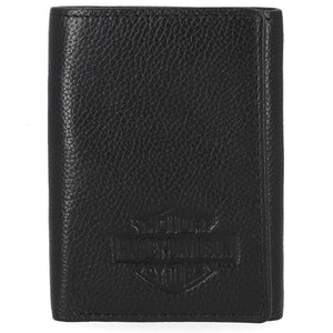 Harley-Davidson Men's Classic Bar & Shield Logo Genuine Pebble Leather Tri-Fold Wallet, Black MWM006/08