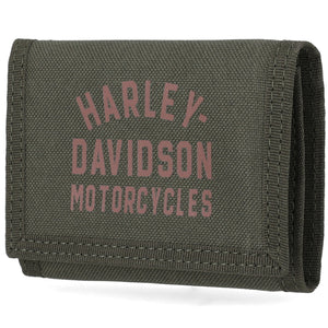 Green wallet with 'Harley Davidson Motorcycles' text on a white background