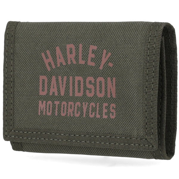 Green wallet with 'Harley Davidson Motorcycles' text on a white background