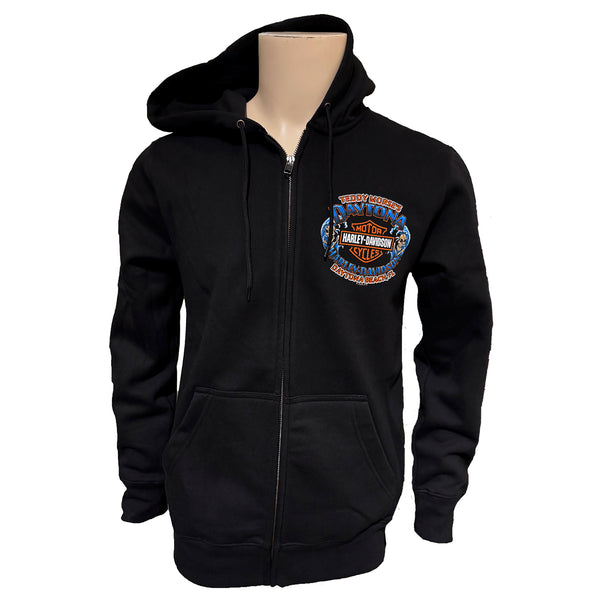 Black hoodie with a logo on the chest against a white background