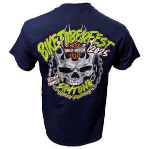 Navy blue t-shirt with colorful graphic design featuring a skull and text on the back.