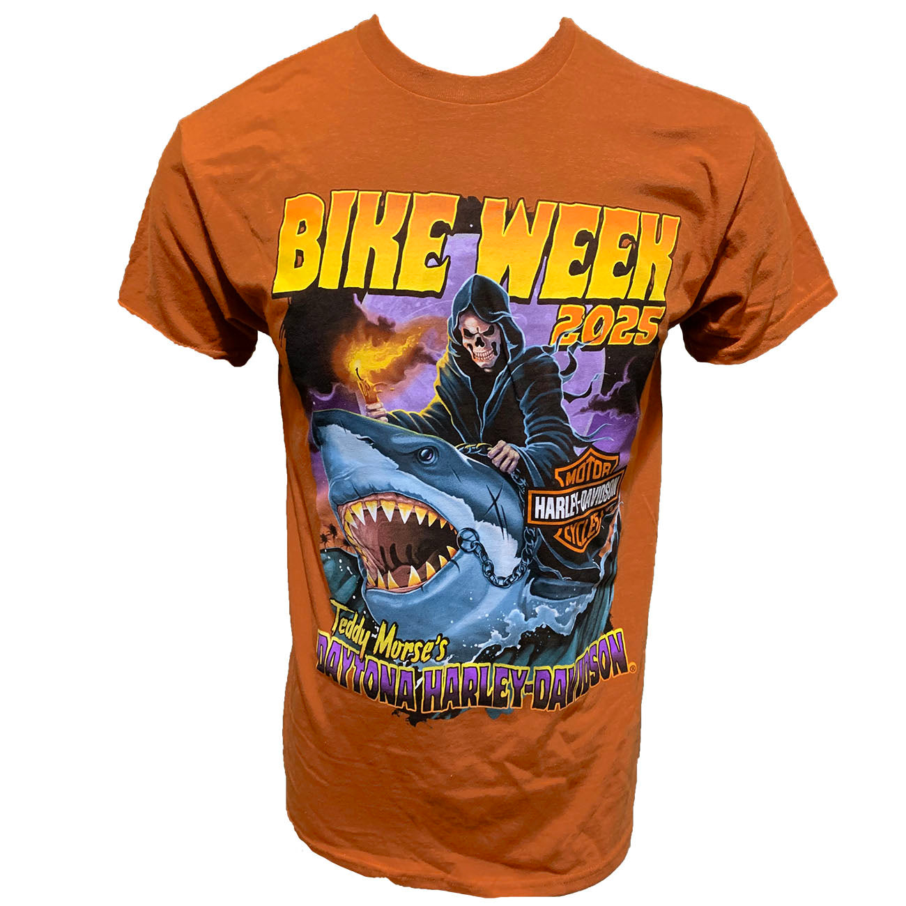 sharky fahrradtasche Teddy Morse's Daytona Harley-Davidson Men's Bike Week 2025 Shark Riding Bob Short Sleeve Shirt, Texas Orange Orange / 2XL