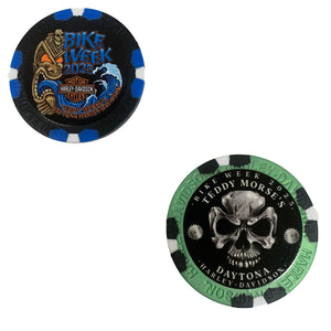 Two poker chips with Harley-Davidson branding and Bike Week 2025 celebration theme, one with a tiki design and the other with a metallic gear head graphic, both featuring green and black color schemes.