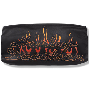 Black headband with 'Harley-Davidson' logo and flames on a white background