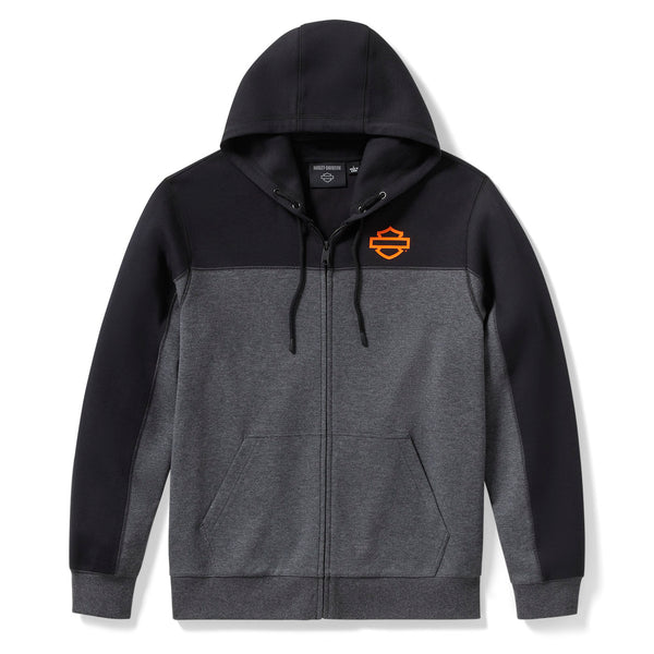 Black and gray hoodie with a logo on a white background