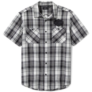 Harley-Davidson Men's Bar & Shield Logo Plaid Button-Up Short Sleeve Shirt, Asphalt Black/ Ghost Grey 99256-25VM