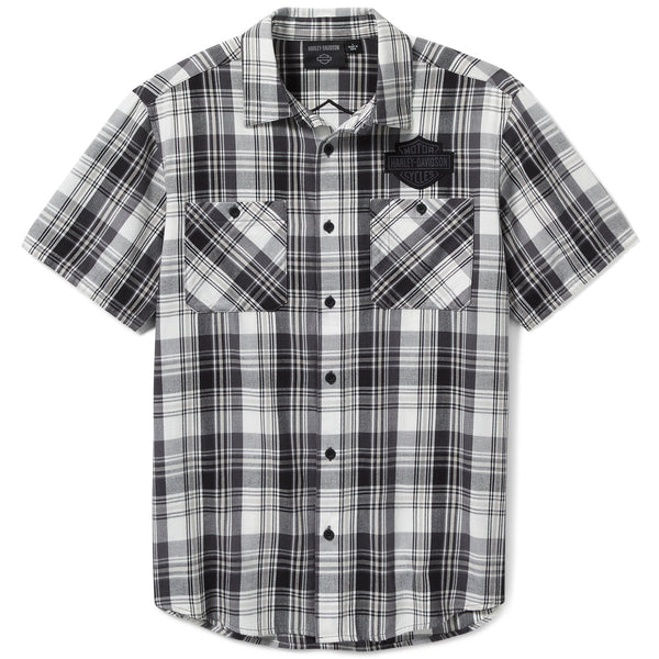 Harley-Davidson Men's Bar & Shield Logo Plaid Button-Up Short Sleeve Shirt, Asphalt Black/ Ghost Grey 99256-25VM