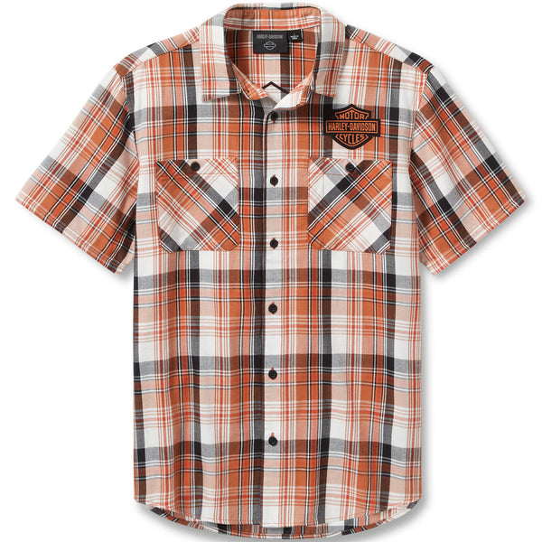 Harley-Davidson Men's Bar & Shield Logo Plaid Button-Up Short Sleeve Shirt, Vintage Orange/ Brown 99257-25VM