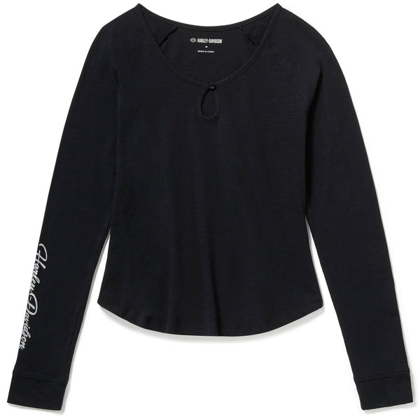 Black long-sleeve shirt with brand logo on a white background