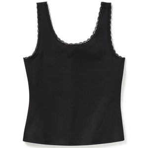 Black tank top with lace trim on a white background