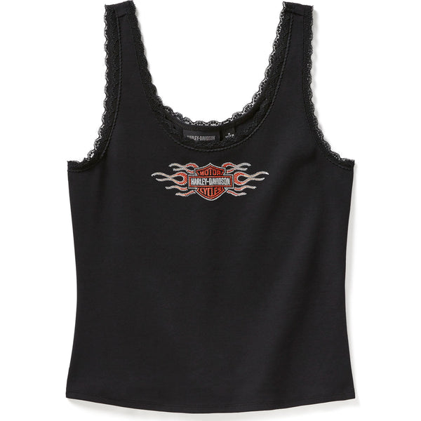 Black tank top with lace trim and Harley-Davidson logo on a white background