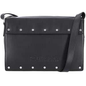 Harley-Davidson Women's Script Logo Flat Stud Flap Crossbody Bag, Black MHW101/08