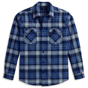 Harley-Davidson Men's Essence Blue Plaid Flannel Button-Up Long Sleeve Shirt, Blue 96361-23VM