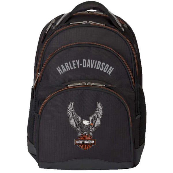 Harley-Davidson Up-Wing Eagle Backpack w/Steel Cable Strap, Black w/ Orange Trim 99220-ORG