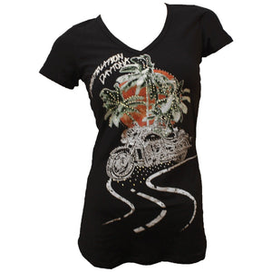 Liberty Wear Custom Palm Tree Women's Short Sleeve Shirt With Rhinestones, Black