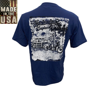 Destination Daytona Men's Retro Beach Short Sleeve Shirt, Navy Blue D6040B