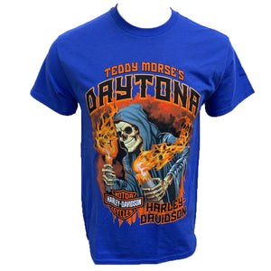Teddy Morse's Daytona Harley-Davidson Grim Reaper Bob Men's Short Sleeve Royal Blue Shirt