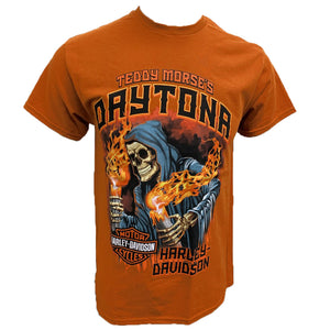 Short sleeve orange t-shirt with Teddy Morse's Daytona Harley-Davidson Grim Reaper Bob graphic and text on the front.