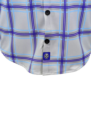 Demons Behind Me Men's Blueprint Light Weight 4 Way Stretch Button-Up Short Sleeve Shirt, White/Blue GBU002