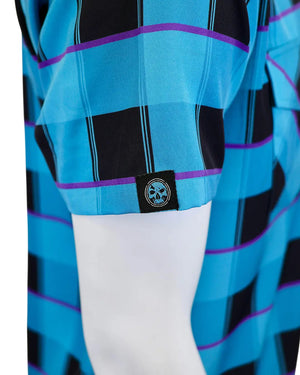 Demons Behind Me Men's Survivor 2.0 Light Weight 4 Way Stretch Button-Up Short Sleeve Shirt, Blue/Black SBU001
