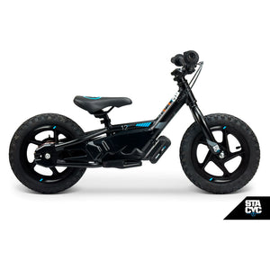Black balance bike with visible branding on a white background