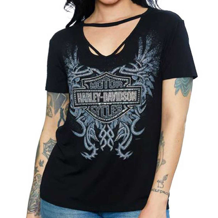 Harley-Davidson Women's Embellished Megalithic V-Neck Short Sleeve Shirt, Black HT4770BLK