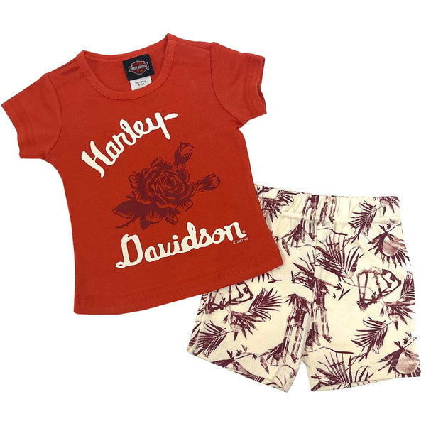 Harley-Davidson Baby Girls' 2 Piece Newborn Short Sleeve Tee & Bike Short Set - Orange & Beige