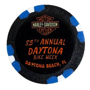 Harley-Davidson 85th Annual Daytona Bike Week poker chip with black, blue, and white design.