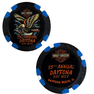 Two Harley Davidson branded poker chips with Daytona Beach, FL event details on a white background.