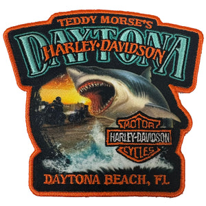 Embroidered patch with Harley-Davidson logo and shark design, featuring Daytona Beach, FL text.