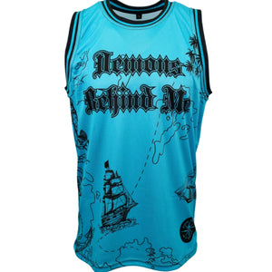 Blue sleeveless shirt with black graphics and text on a white background