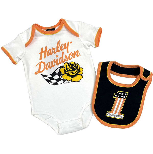 Harley-Davidson Baby Girls' Racing Rose Newborn Creeper & Bib Gift Set - White