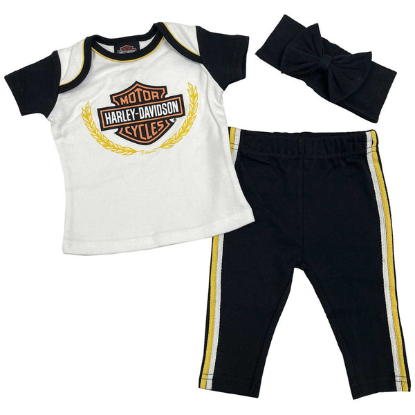 Harley-Davidson Baby Girls' Knit Newborn Shirt, Pants, Headband & Bag, Gift Set, Black/White