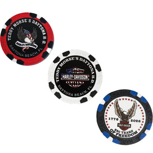 Three 250 years Harley-Davidson branded poker chips on a white background
