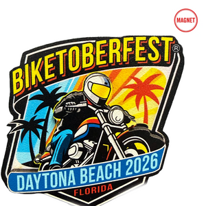 An embroidered patch for 'Biketoberfest 2026 Daytona Beach, Florida' featuring a graphic of a biker on a motorcycle with palm trees and a sunset. A small red circular 'MAGNET' label is in the top right corner.