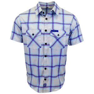 A short-sleeve button-up shirt with a white base and a blue and purple plaid pattern, featuring two chest pockets with button flaps and black buttons.