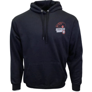 A black pullover hoodie with a drawstring hood and kangaroo pocket, featuring a small red and white graphic on the left chest that reads 'DEMONS GAMBLING'.