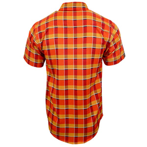 A short-sleeve button-up shirt shown from the back, featuring a bold plaid pattern in orange, red, yellow, and white.